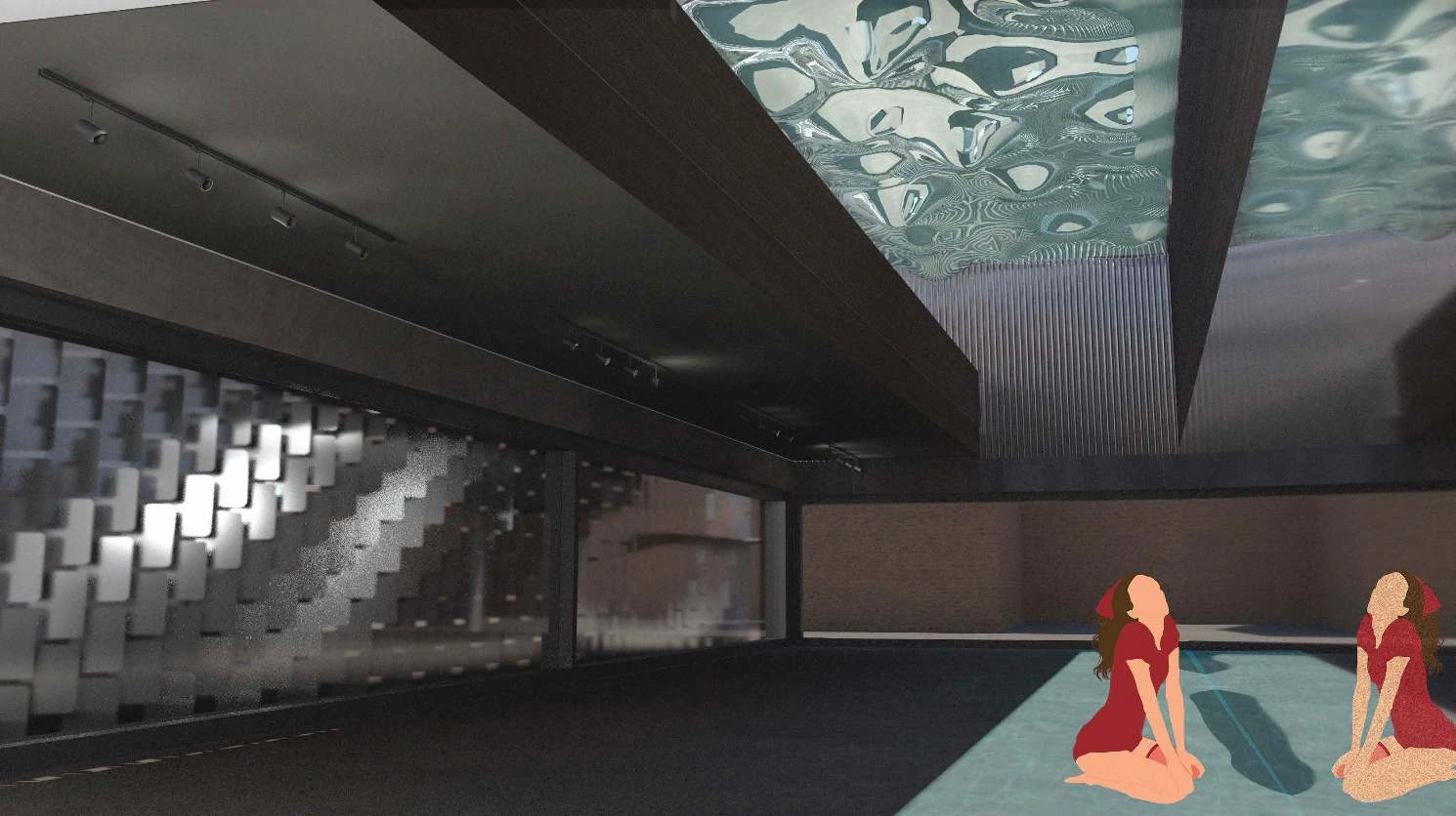Interior render of the performance space with a reflective water ceiling and kinetic wall.