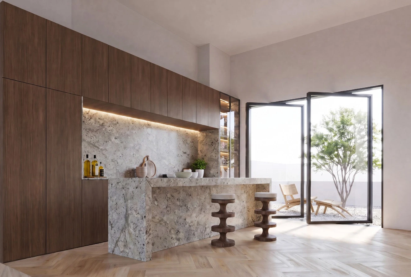 Private residence dry kitchen and bar render with timber cabinetry, marble surfaces and roof-garden doors.